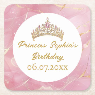 Pink Gold Fairytale Princess Crown Birthday Party Square Paper Coaster