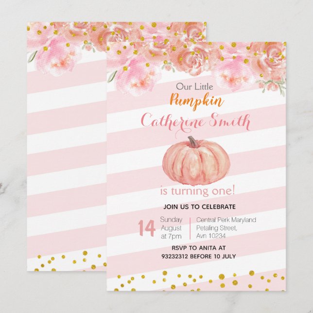 Pink Gold Fall Floral Pumpkin 1st Birthday Invitation (Front/Back)