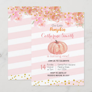 Pink Gold Fall Floral Pumpkin 1st Birthday Invitation