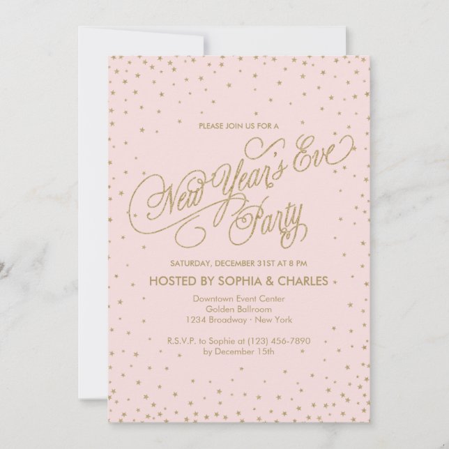 Pink & Gold Fancy Stars New Year's Eve Party Invitation (Front)