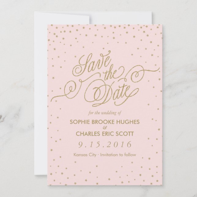 Pink & Gold Fancy Stars Save the Date (Front)