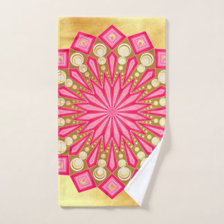Pink Gold Fantasy Mandala on Soft Gold Background Hand Towel