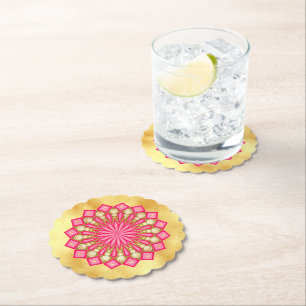 Pink Gold Fantasy Mandala on Soft Gold Background Paper Coaster