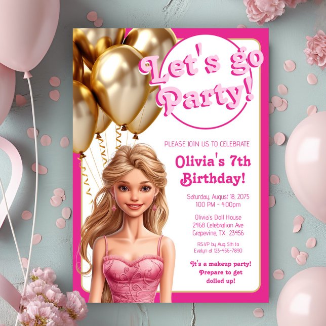 Pink Gold Fashion Doll Birthday Party Invitation (Cute pink fashion doll any number birthday party invitation.)