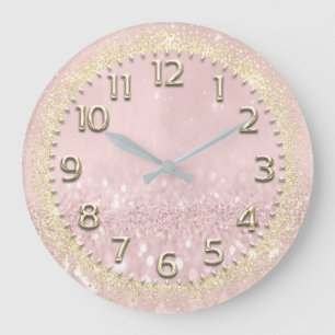 Pink Gold Faux Crystals Glitter Spark Nimber Metal Large Clock