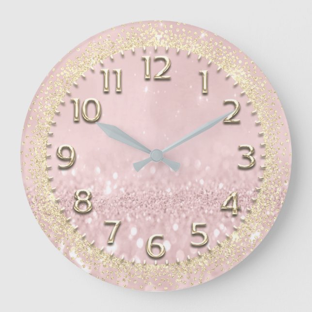 Pink Gold Faux Crystals Glitter Spark Nimber Metal Large Clock (Front)