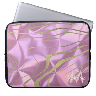 Pink Gold Faux Foil Swirls Monogrammed Laptop Sleeve
