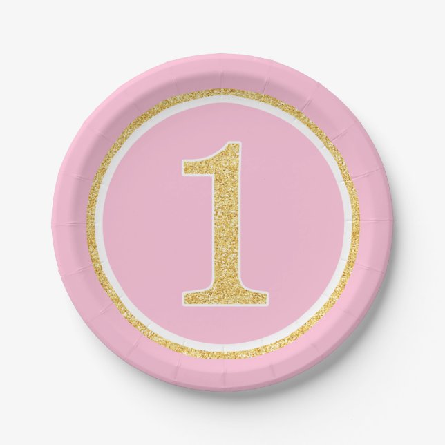 Pink Gold Faux Glitter Circle 1st Birthday Paper Plate (Front)