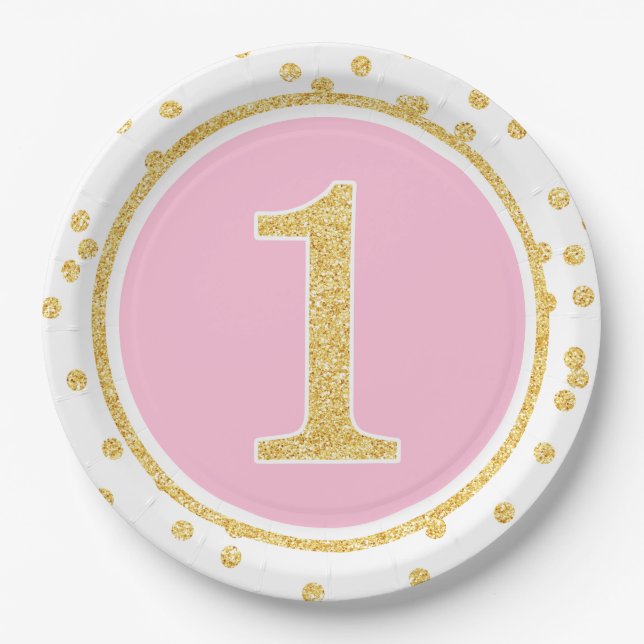 Pink Gold Faux Glitter Confetti 1st Birthday Paper Plate (Front)