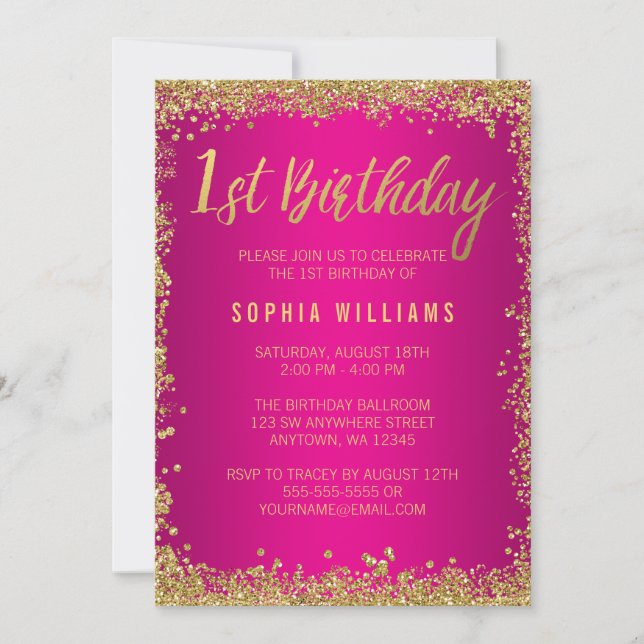 Pink Gold Faux Glitter Girl 1st Birthday Invitation (Front)
