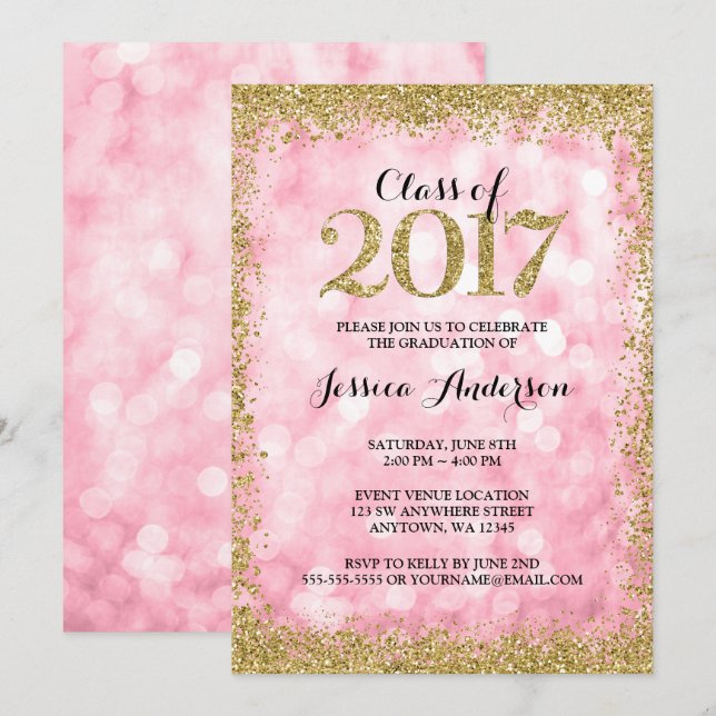 Pink Gold Faux Glitter Lights 2017 Graduation Invitation (Front/Back)