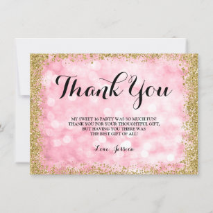 Pink Gold Faux Glitter Lights Sweet 16 Thank You Card