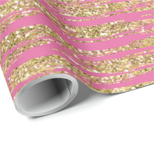Pink Gold Faux Glitter Stripes Wrapping Paper