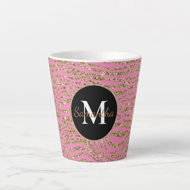 Pink Gold Faux Glitter Zebra Print Latte Mug (Front)
