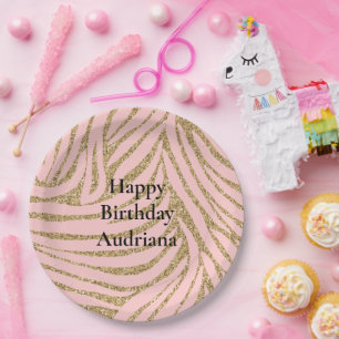 Pink Gold Faux Glitter Zebra Print Paper Plate