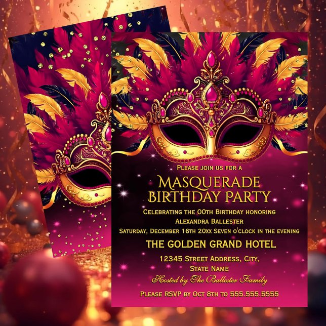 Pink Gold Feathers Masks Masquerade Birthday Party Invitation (Creator Uploaded)