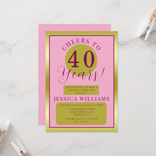 Pink & Gold Feminine Birthday Party Invitation (Front/Back In Situ)