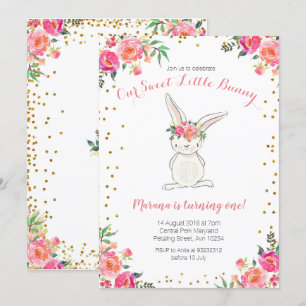 Pink gold first birthday bunny invitation