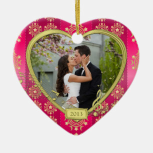 Pink Gold First Christmas Together Photo Xmas Ceramic Tree Decoration