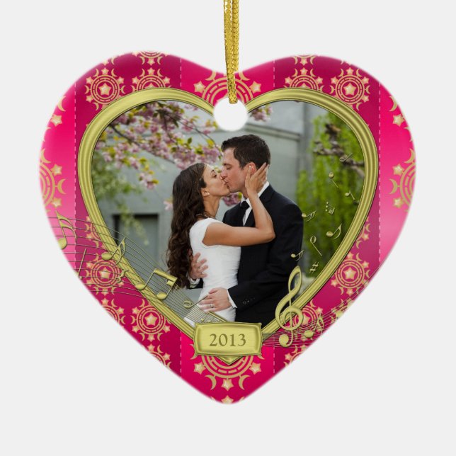 Pink Gold First Christmas Together Photo Xmas Ceramic Tree Decoration (Front)