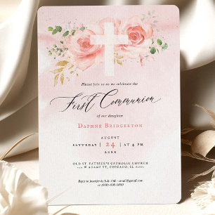 Pink & Gold First Communion Invitation Roses