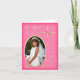 Pink Gold First Communion Photo Thank You Card