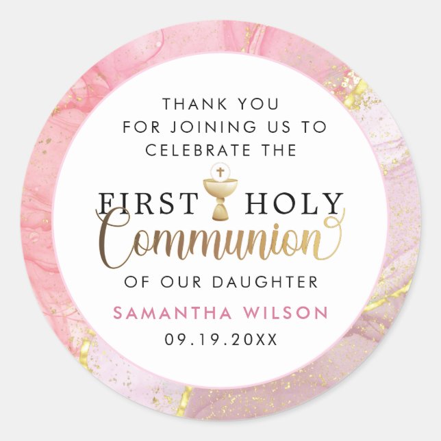 Pink & Gold First Holy Communion Thank You  Classic Round Sticker (Front)