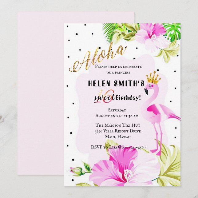 Pink Gold Flamingo Princess Aloha Sweet 16 Invitation (Front/Back)