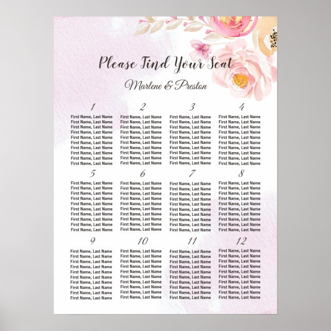 Pink & Gold Floral 12 Tables Wedding Seating Chart (Front)