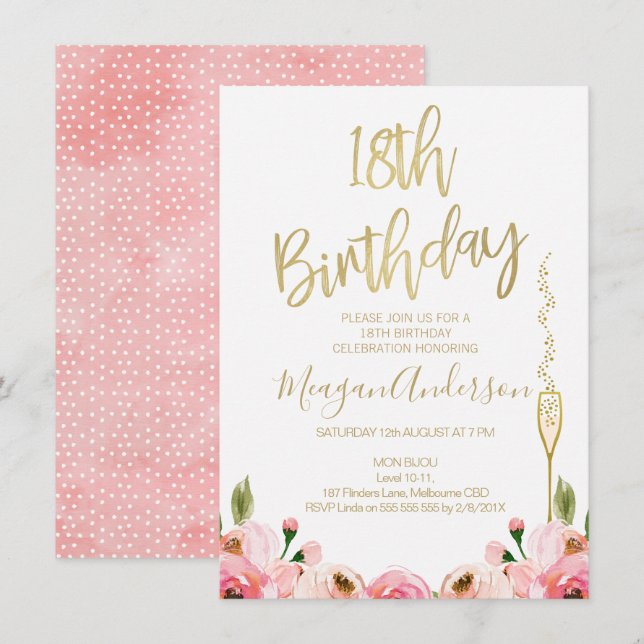 Pink Gold Floral 18th birthday invitation (Front/Back)