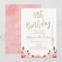 Pink Gold Floral 18th birthday invitation