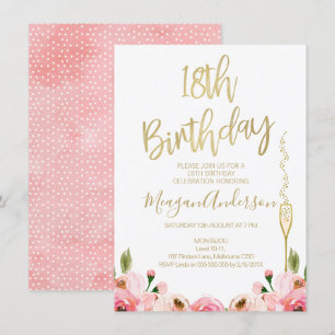 Pink Gold Floral 18th birthday invitation