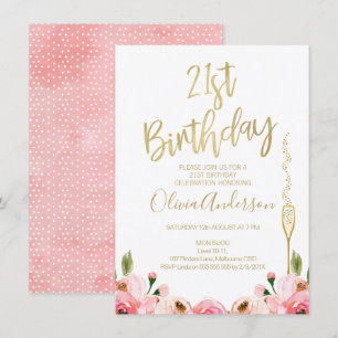 Pink Gold Floral 21st birthday invitation
