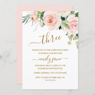 Pink Gold Floral 3rd Birthday Party Invitation