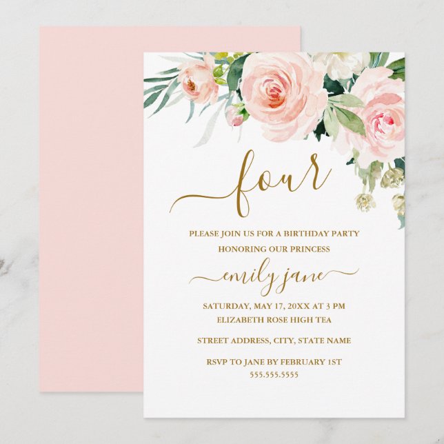 Pink Gold Floral 4th Birthday Party Invitation (Front/Back)