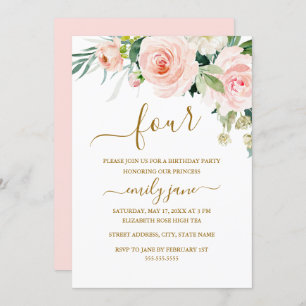 Pink Gold Floral 4th Birthday Party Invitation
