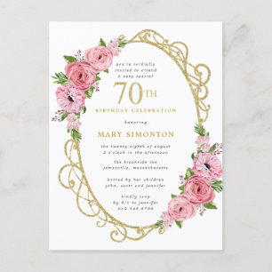 Pink Gold Floral 70th Birthday Invitation Postcard