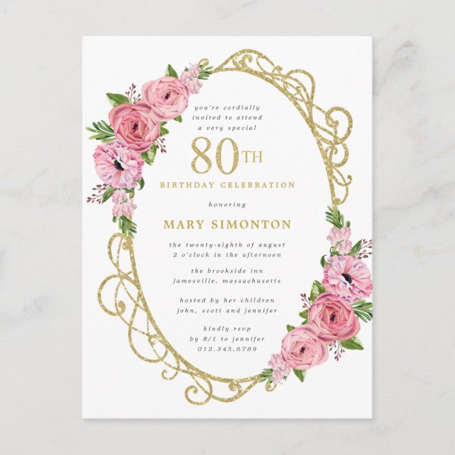 Pink Gold Floral 80th Birthday Party Invitation (Front)