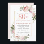 Pink Gold Floral 80th Birthday Surprise Party Invitation<br><div class="desc">Honour a special woman with this elegant and feminine 80th Birthday surprise party invitation. 80th is written in large rose pink text, surprise birthday party follows. The honoured guest's name is also in pink capital letters. The remainder of the text is soft dove grey. The 80th birthday surprise party details...</div>