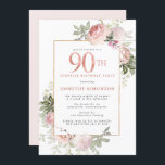 Pink Gold Floral 90th Birthday Party Invitation<br><div class="desc">Honour a special woman with this elegant and feminine 90th Birthday party invitation. 90th is written in large rose pink text. Suprise Birthday Party follows. The honoured guest's name is also in pink capital letters. The remainder of the text is soft dove grey. The 90th birthday celebration details are surrounded...</div>