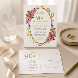 Pink Gold Floral 90th Birthday Party Invitation Postcard