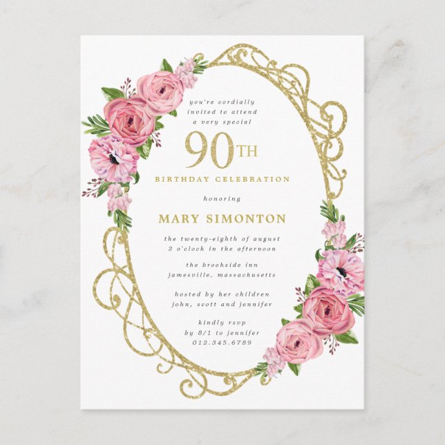 Pink Gold Floral 90th Birthday Party Invitation Postcard (Front)