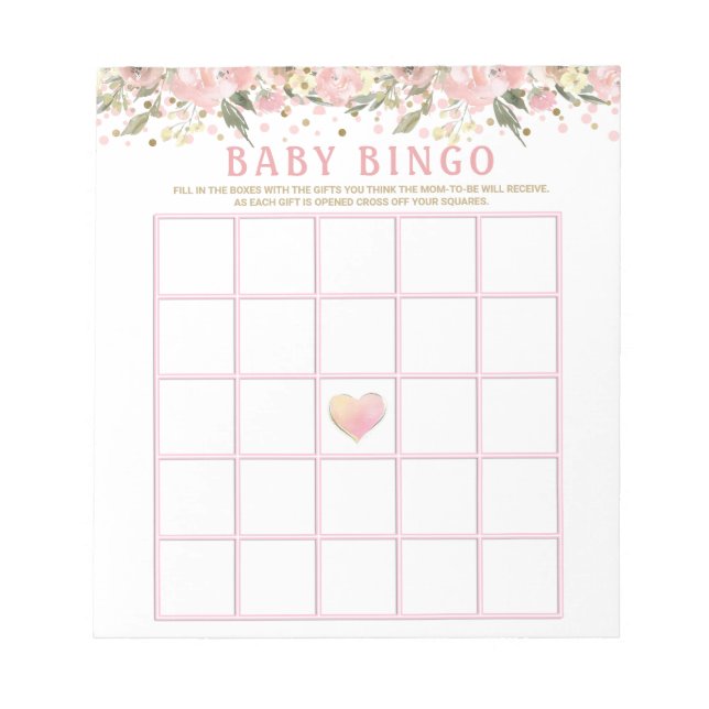 Pink Gold Floral Baby Shower Bingo Game Cards Notepad (Front)