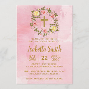 Pink Gold floral Baptism / Christening Invitation
