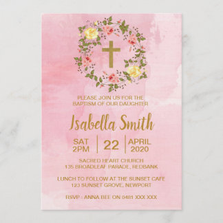 Pink Gold floral Baptism / Christening Invitation