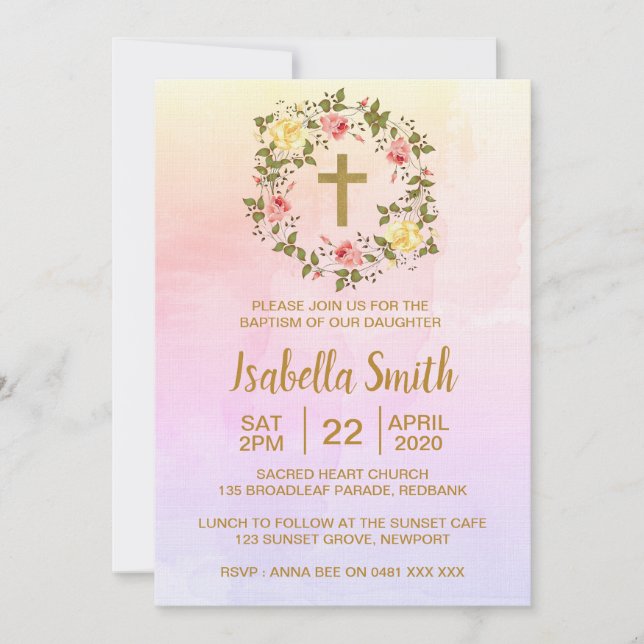 Pink Gold floral Baptism / Christening Invitation (Front)