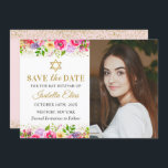 Pink Gold Floral Bat Mitzvah Photo Save The Date<br><div class="desc">Pink Gold Floral Bat Mitzvah Photo Save The Date</div>