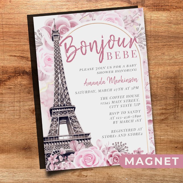 Pink Gold Floral Bonjour Bebe Baby Shower Magnetic Invitation (Creator Uploaded)
