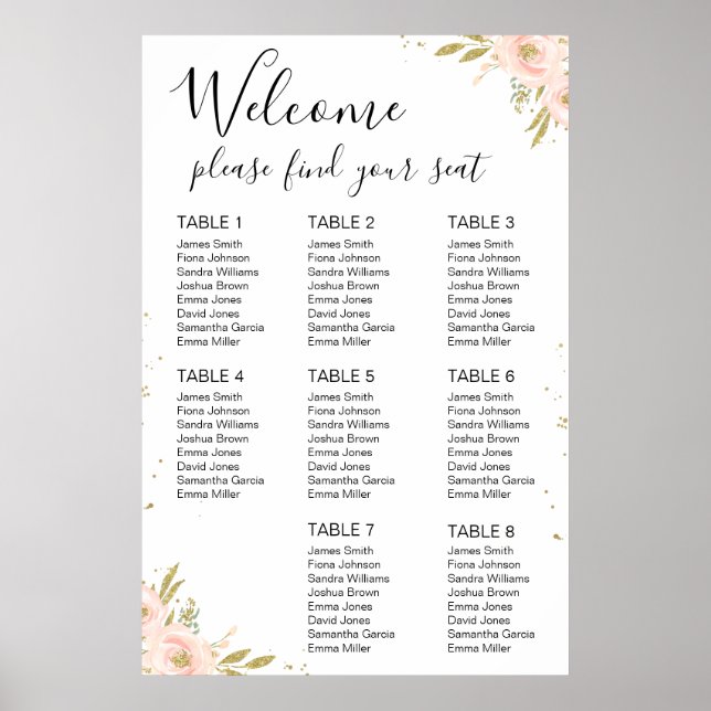 Pink Gold Floral Bridal shower seating arrangement Poster (Front)