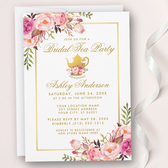 Pink Gold Floral Bridal Shower Tea Party Invite (Customize to change text color,  size or style.)
